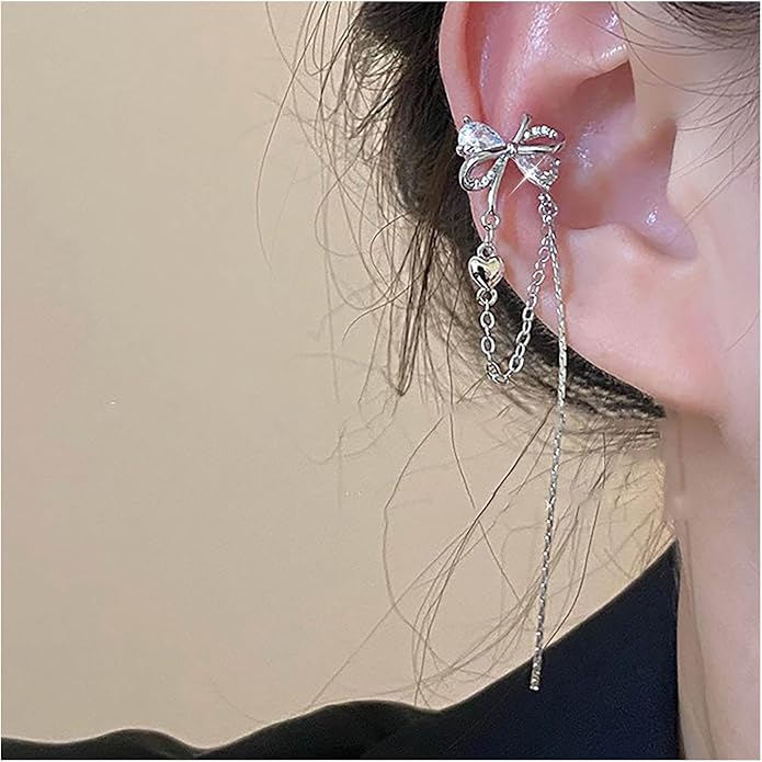Vintage Crystal Bow Ear Cuff Earrings Rhinestone Bow Cuff Earrings Silver Long Chain Tassel Earrings Cz Chain Dangle Earrings Jewelry for Women-VivaGrace Women