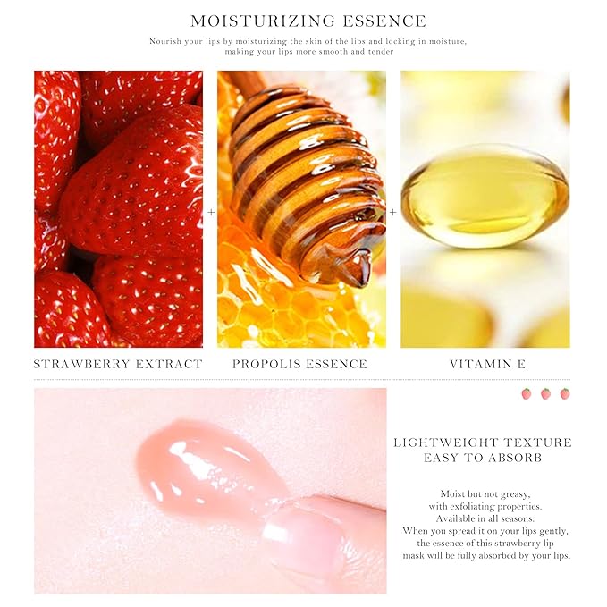 2PCs Strawberry Lip Sleeping Mask,Bee Lip Balm Honey Pot, Bee Lip Honey Pot with Wand Nourishes Lips, Overnight Strawberry Propolis Honey Balm Lip Mask for Lip Care Moisturize Lip Skin-VivaGrace Women