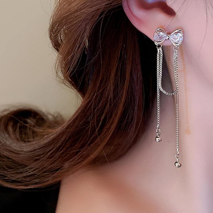 Vintage Crystal Bow Earrings Rhinestone Chain Drop Earrings Silver Long Chain Dangle Earrings Long Tassel Chain Earrings Jewelry for Women-VivaGrace Women
