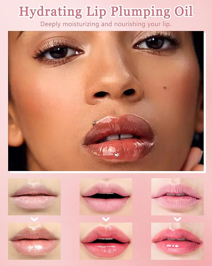 Plumping Lip Oil Kit-3Pcs Hydrating Glossier Tinted Lip Gloss,Long Lasting Lip Plumper and Pout Booster LIpgloss, Moisturizing Non-Sticky Natural Fuller Lip Tint Stain, Makeup Gift for Women-Set B-VivaGrace Women