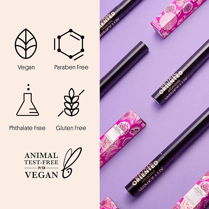 Winky Lux Detail Oriented Mascara, Slim Tightline, Skinny Micro-Spoolie Lengthening Mascara and Volume, Black Top and Bottom Lash