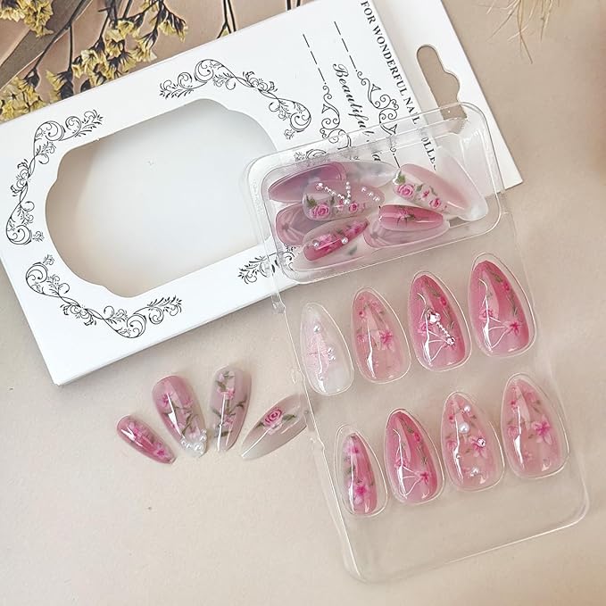 24Pcs Peach Blossom Press on Nails Short Almond Fake Nails Pink Flower False Nails with Pearl Heart Bow Design Spring Summer Artificial Nails Handmade Stick on Nails Full Cover Glue on Nails for Women