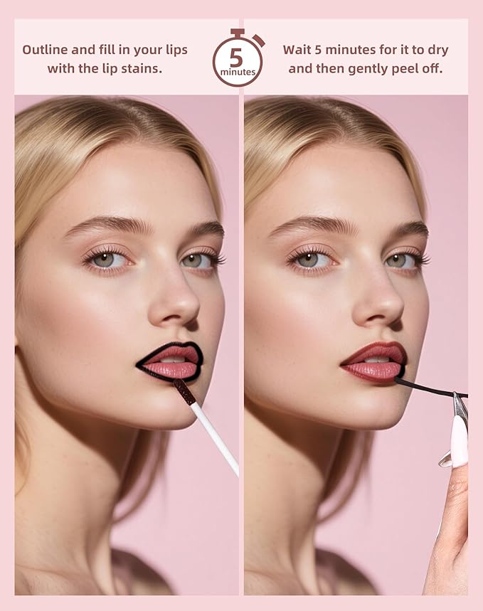 KIMUSE Peel Off Lip Stain, Long Lasting Lip Stain Peel Off with Tweezer, Waterproof Lip Liner Stain, Transfer-Proof, Highly Pigmented Color, Matte Finish-VivaGrace Women