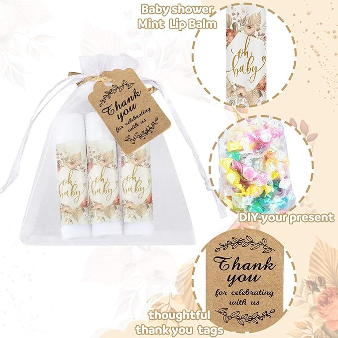 Demissle 50 Pcs Baby Shower Lip Balm Gift Set with 100 Pcs Organza Bags Baby Shower Party Favor for Guest Thank You Tag Rope Baby Shower Party Decoration Gender Reveal Souvenirs(Colorful Plants)-VivaGrace Women