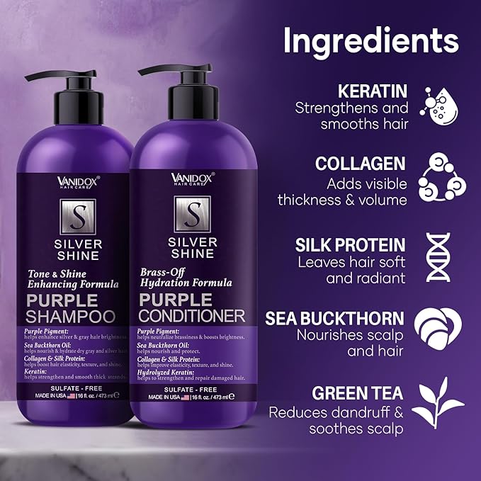 Sulfate Free Brass Toning Purple Shampoo and Conditioner Set for Grey and Silver Hair, Moisturizing & Color-Safe, Enhances Shine & Brightness, Made in USA (16 fl oz each)-VivaGrace Women