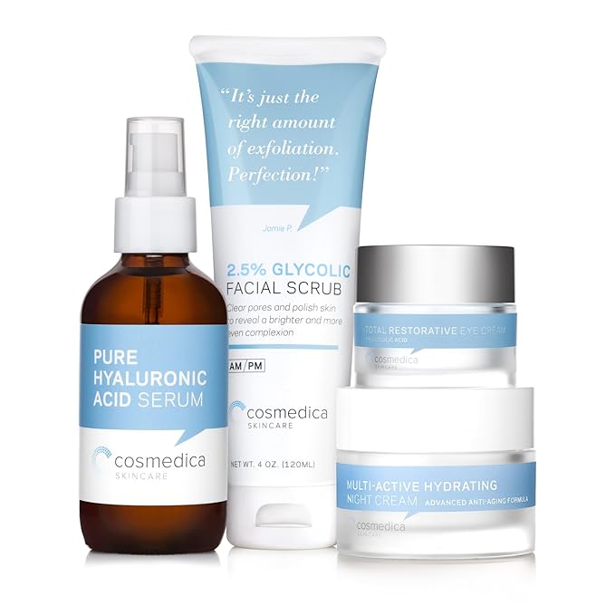 Complete Skincare Kit- Hyaluronic Acid Serum (4 Ounce), Glycolic Facial Scrub (4 Ounce), Multi Active Hydrating Night Cream and Total Restorative Eye Cream-VivaGrace Women