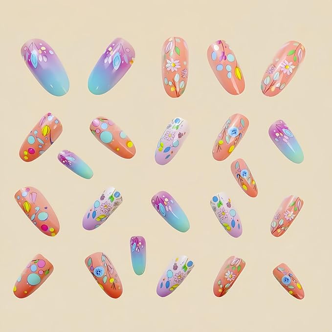 Almond Press on Nails Colorful Flower Fake Nails Cute Spring False Nails for Women Full Cover Stick on Nails Reusable Acrylic Nails Medium Length Fake Nails Manicure Decor 24Pcs