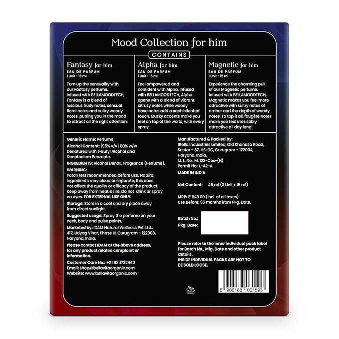 BellaVita Luxury Mood Collection Gift Set (3x15ml) for Men | Pheromone Inspired Technology Long Lasting Fragrance | Includes Alpha, Fantasy & Magnetic Perfumes | Woody, Vanilla, Benzoin and Cedarwood-VivaGrace Women