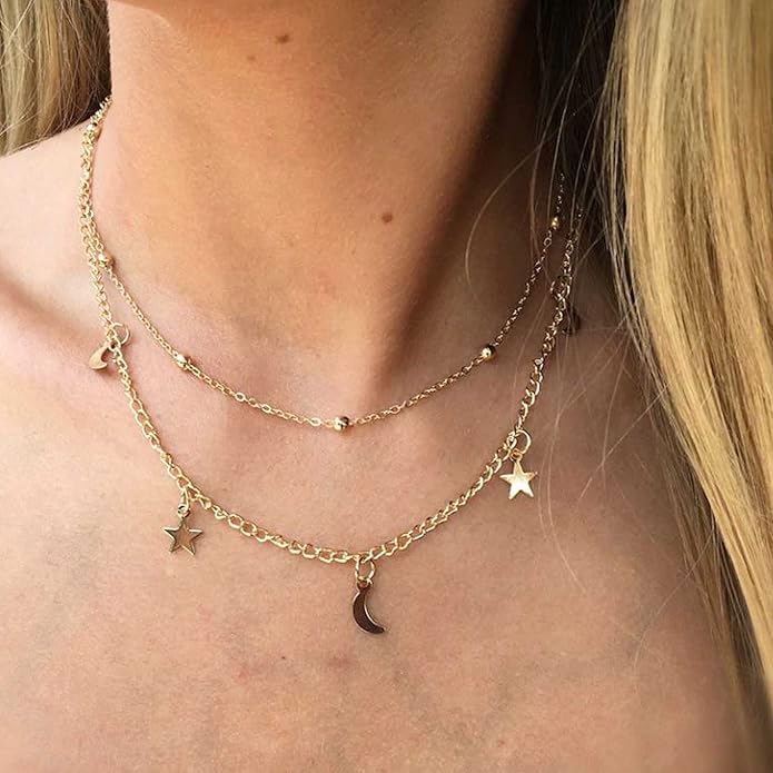 Boho Star Moon Necklace Choker Gold Layered Star Choker Necklace Crescent Moon Necklace Celestial Necklace Chain Festival Jewelry for Women and Girls-VivaGrace Women
