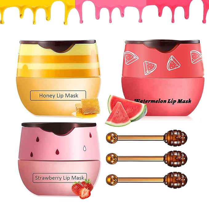 3PCS Lip Balm Honey Lip Balm, Honey Pot Lip Balm Sleeping Lip Mask with Brush, Hydrating & Prevention Dry and Cracked, Lip Scrubs Exfoliator & Moisturizer-VivaGrace Women