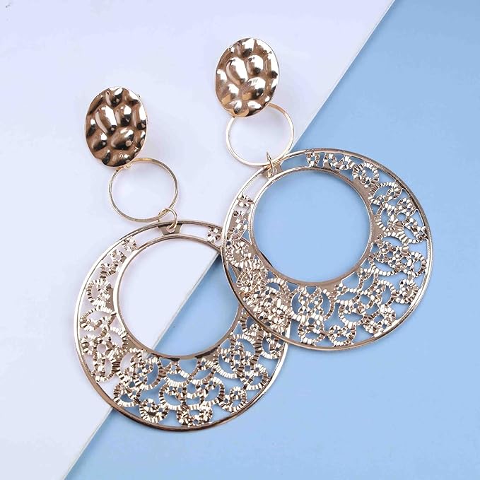 Boho Large Filigree Disc Dangle Earrings Stud Vintage Tribal Ethnic Hollow Carved Earrings Gold Geometric Floral Hoop Drop Earrings Statement Wedding Prom Earrings Jewelry for Women Girls-VivaGrace Women