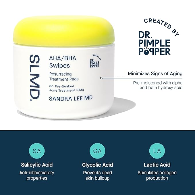 SLMD by Dr. Pimple Popper - AHA BHA Toner Pads Swipes, Salicylic Acid, Glycolic Acid & Lactic Acid - Daily Resurfacing Pads for Face & Body - Facial Exfoliating Pads Resurface, Treat, and Prevent Acne-VivaGrace Women