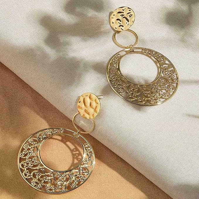 Boho Large Filigree Disc Dangle Earrings Stud Vintage Tribal Ethnic Hollow Carved Earrings Gold Geometric Floral Hoop Drop Earrings Statement Wedding Prom Earrings Jewelry for Women Girls-VivaGrace Women
