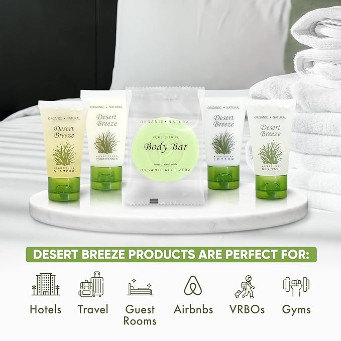 Desert Breeze Hotel Soaps and Toiletries Bulk Set | 1oz Hotel Shampoo & Conditioner, Body Wash, Body Lotion & Bar Soap | Full Pallet 49 cases with 300 units each - 14,700 pieces-VivaGrace Women