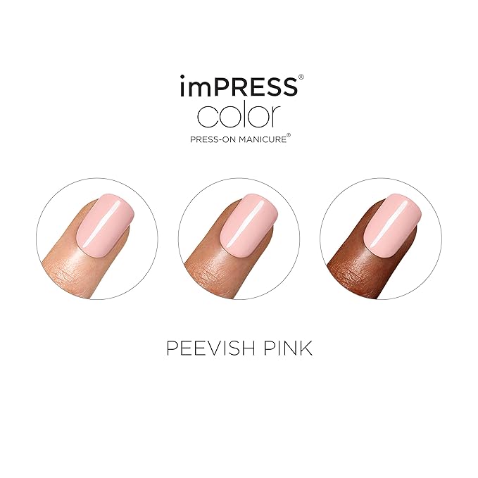 KISS imPRESS No Glue Mani Press On Nails, Color, 'Peevish Pink', Pink, Short Size, Squoval Shape, Includes 30 Nails, Prep Pad, Instructions Sheet, 1 Manicure Stick, 1 Mini File