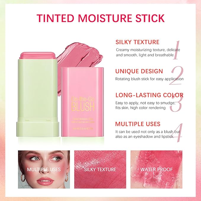 Multi-Use Makeup Blush Stick, Cream Face Blush Makeup Stick for Cheeks Eyes Lips, Super Natural Matte Finish Looking Long-Lasting Moisturizing Blush Stick, Suitable for All Skin (2#, Hot Red)-VivaGrace Women