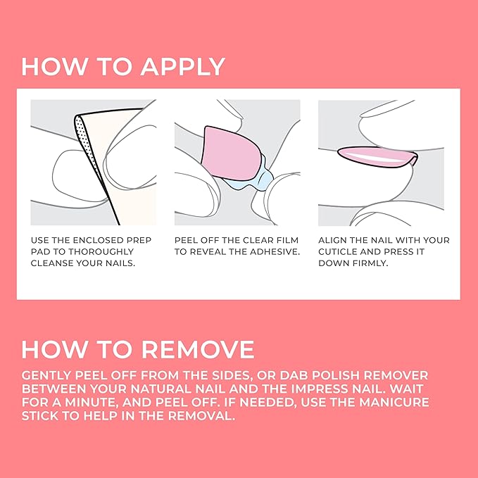KISS imPRESS No Glue Mani Press On Nails, Color, 'Peevish Pink', Pink, Short Size, Squoval Shape, Includes 30 Nails, Prep Pad, Instructions Sheet, 1 Manicure Stick, 1 Mini File