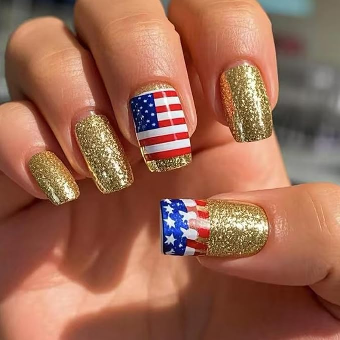 Independence Day Press on Nails Medium Square Fake Nails with Red Blue American Flag Design Gold Glitter False Nails Patriotic Glossy 4th of July Acrylic Nails for Women Girls Manicure 24Pcs