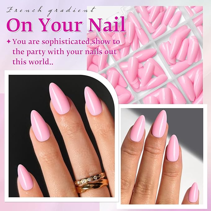 LoveOurHome 240pc Medium Almond Press on Nails Colored Pink Fake Nail Tips Full Cover Artificial Fingernail French Stiletto Manicure with Adhesive Tabs for Women Girls