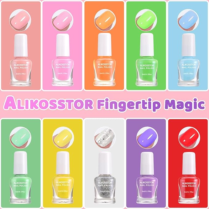 Kids Nail Polish Set for Girls - 10 Rainbow Colors Non-Toxic Quick Dry Peel Off Water Based Nail Polish Toys Kit for Toddler Teen Party