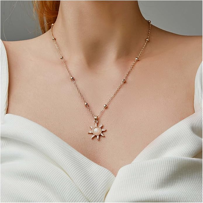 Vintage Opal Crystal Sun Pendent Necklace Opal Sunburst Necklace Moonstone Sun Choker Necklace Gold Ball Chain Necklace Jewelry for Women (Gold)-VivaGrace Women