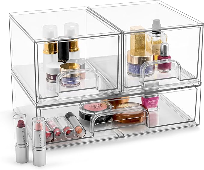Sorbus Acrylic Storage Containers - 3 Pack, Stackable Storage Bins Set for Bathroom Organization - Clear Acrylic Drawer Organizers - Makeup Case Pull-Out Drawers (4.4’’ Tall and 12.1’’ Wide)-VivaGrace Women