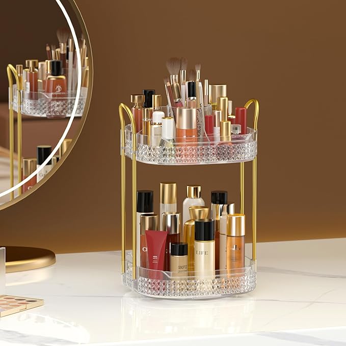 Awenia Rotating Makeup Organizer 360, Stackable Adjustable Large Capacity Cosmetic Storage Unit,Dresser Bathroom Kitchen Countertop Organizer with Metal Handle, Plus Size (Clear, 2 Tier)-VivaGrace Women