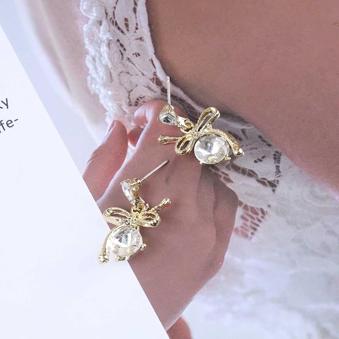 Vintage Rhinestone Bow Drop Earrings Gold Teardrop Crystal Earrings Round Cut Stud Earrings Bow Crystal Bridal Earrings Jewelry for Women-VivaGrace Women