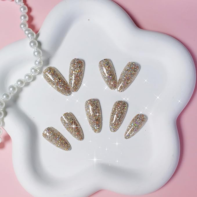 KQueenest Light Gold Press on Nails Cute, Glitter Press on Nails Almond Medium, Bling Sparkle Fake Nails Press ons, Luxury Shiny Glue on Nails Medium, Festival Stick on Nails For Women Wear in 24 Pcs