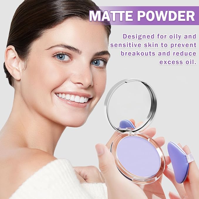 AIUEO Lavender Matte Setting Powder Sunscreen Powder Oil Control Blurring Pressed Powder Refreshing and Comfortable Purple Face Powder Makeup, Polvo Compacto De Maquillaje-VivaGrace Women