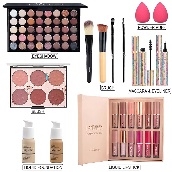 Makeup Kit for Women Full Kit, All in One Makeup Gift Set, Make up Kits for Beginners and Professionals - Eyeshadow Palette, Liquid Lipstick, Mascara, Blush, Eyeliner, Foundation, Brush-VivaGrace Women