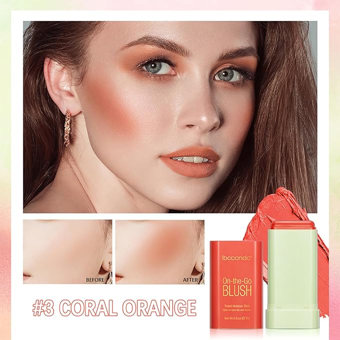 Multi-Use Makeup Blush Stick, Tinted Solid Moisturizer On-the-Go Blush, Multi-use Cream Blush Stick for Cheek & Eyes & Lips, Waterproof Natural Nude Makeup for All Skin (3# Coral Orange)-VivaGrace Women