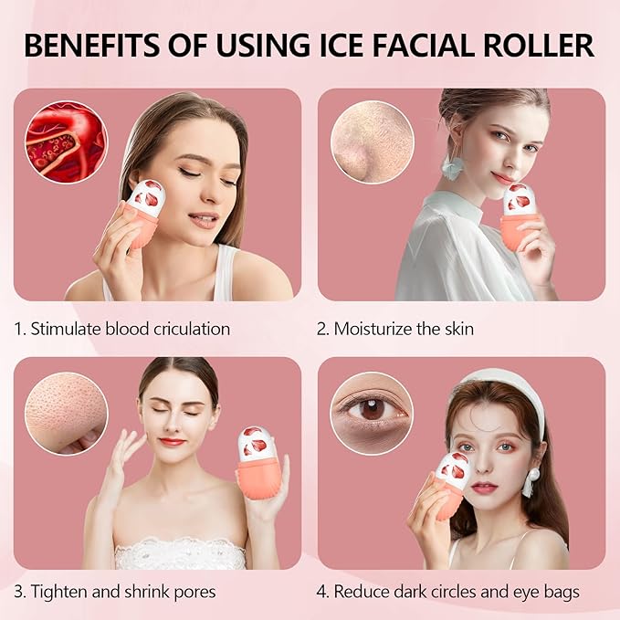 2pcs Ice Roller for Face and Eye, Silicone Ice Facial Roller Ice Holder, Face Ice Mold Skin Care, Face Icers Reusable Ice Cube Roller for Shrink Pores Anti Wrinkle Reduce Puffiness, Pink Green-VivaGrace Women