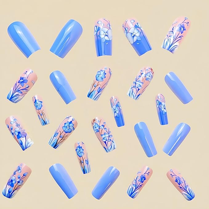 Blue Press on Nails Medium Square Fake Nails Floral False Nails for Women Glossy Acrylic Nails Spring Glue on Nails Blue Flower Stick on Nails Fake Nails Manicure Kit 24Pcs