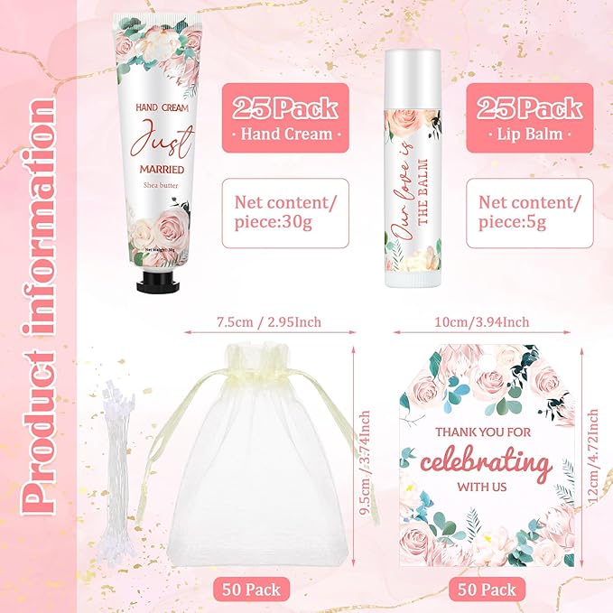 25 Set Wedding Lip Balms and Hand Cream Gift Set Include 25 Moisturizing Hand Care Cream 25 Lip Balms with Thank You Cards and Bags Bridesmaid Gift Set for Bridal Shower Wedding(Floral)-VivaGrace Women