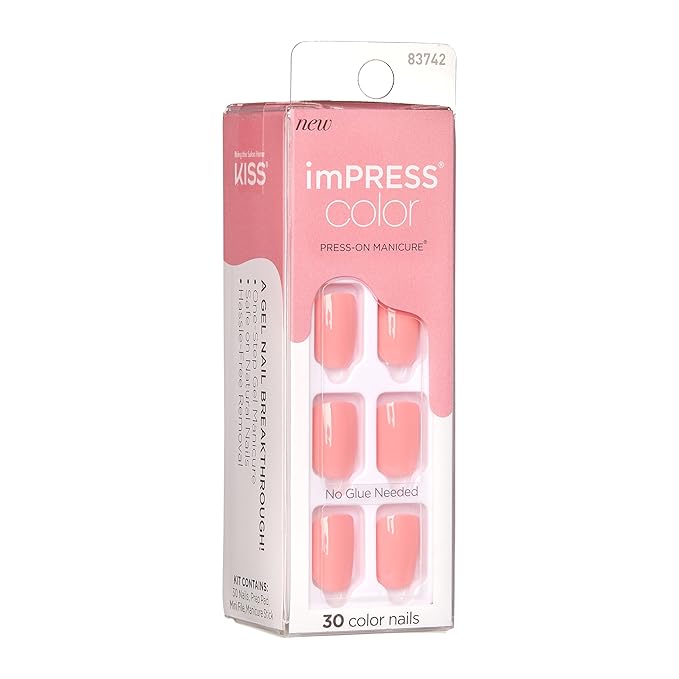 KISS imPRESS No Glue Mani Press On Nails, Color, 'Pretty Pink', Pink, Short Size, Squoval Shape, Includes 30 Nails, Prep Pad, Instructions Sheet, 1 Manicure Stick, 1 Mini File