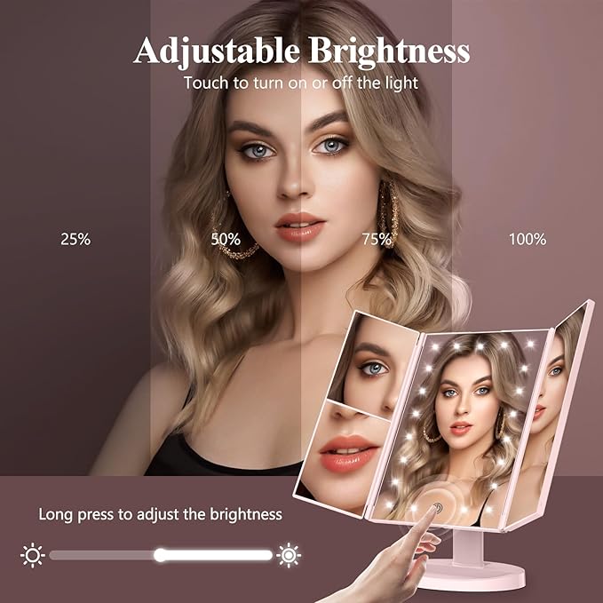 HUONUL Makeup Mirror Vanity with Lights, 2X 3X 10X Magnification, Lighted Mirror, Touch Control, Trifold Dual Power Supply, Portable LED Women Gift (Pink)-VivaGrace Women