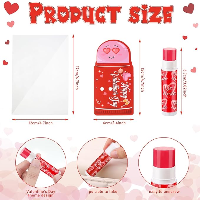 48 Pcs Valentine's Day Cherry Flavored Moisturizing Lip Balm Gloss Lipstick with 48 Pcs Valentine's Day Card Bulk Party Supplies Lip Care Gift Men Women and Children, 12 Styles-VivaGrace Women