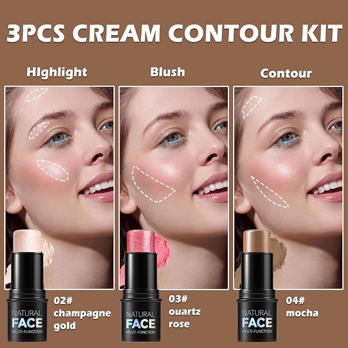 Highlighter Stick Cream Blush Stick Bronzer Contour Stick Makeup,3 PCS Cream Contour Kit with Contour Brush,Long Lasting & Professional Highlighters Makeup Stick for Beginner-VivaGrace Women