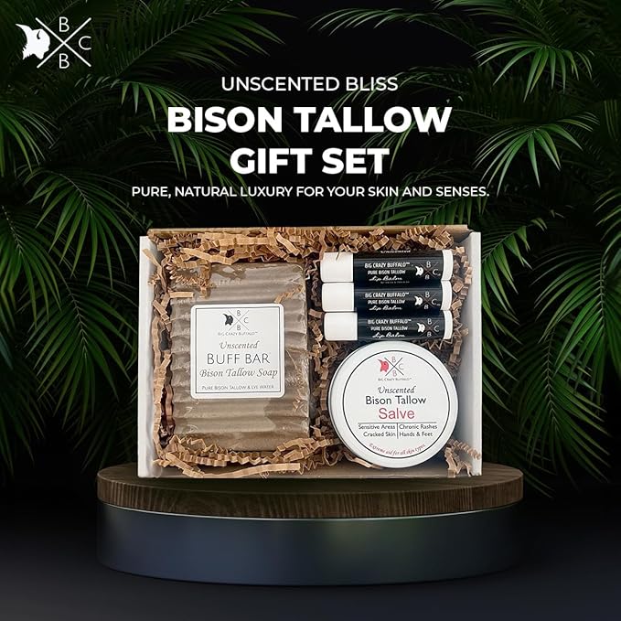 Pure Bison Tallow Unscented Gift Set - Buff Bar, Salve, & 3 Unscented Lip Balms - Cleans, Moisturizes, Soothes, Naturally Derived - No Dyes, Chemicals, Fragrances, or Preservatives-VivaGrace Women