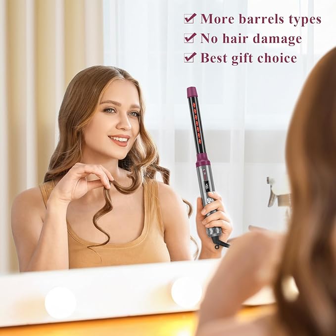 IG INGLAM Curling Iron Wand Set, 8 in-1 Interchangeable Ceramic Barrels with Infrared, Cucurbit, Tapered, Extended, 1in, 1 1/4 in, 3/4in Barrels and Clips-VivaGrace Women