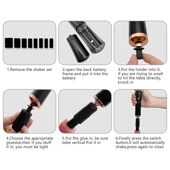 Nail Lacquer Shaker, Nail Polish Mixer, Portable Electric Eyelash Glue Shaker with 2 Connectors and 8 Sizes of Caliber Liquid Evenly Mixer for Eyelash Extension Lash Glue Ink (Black)