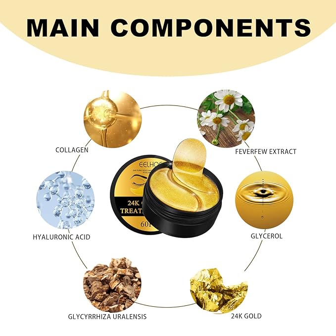 24k Gold Under Eye Patches, 60 Pcs Eye Gels, Anti-Aging Collagen Hyaluronic Acid Under Eye Mask, Under Eye Mask for Dark Circles and Puffiness, Eye Bags, Wrinkles-VivaGrace Women