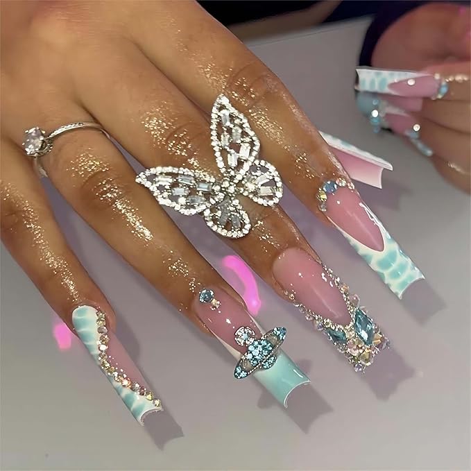 Square Press on Nails Long Nails Press Ons with Design Rhinestone Glue on Nails French Tip Nails for Women 24pcs (Seafoam)