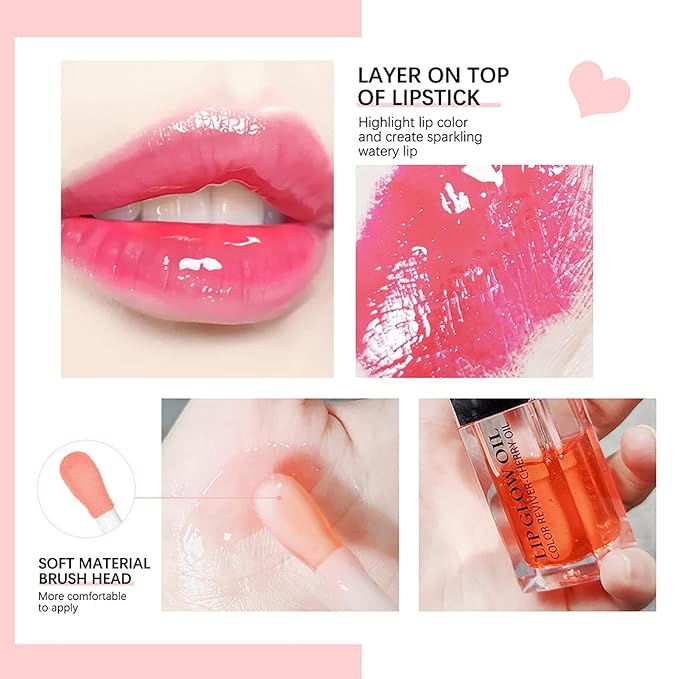 2 Set Lip Oil Hydrating Tinted Lip Balm, Plump Lip Gloss Lip Care Transparent Toot Lip Oil Tinted, Fresh Texture & Non-sticky, Nourishing Repairing Lightening Lip Lines Lip Care Products (Pink / Cherry)-VivaGrace Women