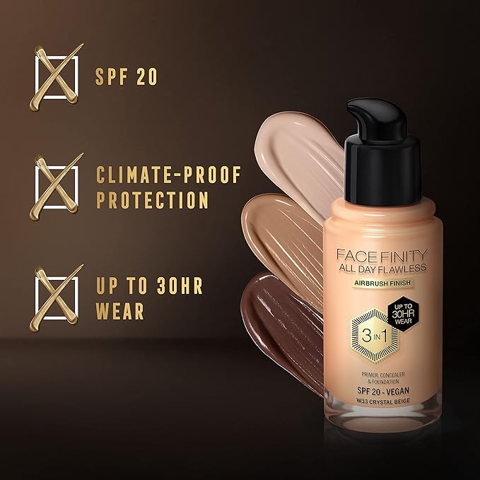Max Factor Facefinity All Day Flawless 3 In 1 Foundation SPF 20, No. 33 Crystal Beige-VivaGrace Women