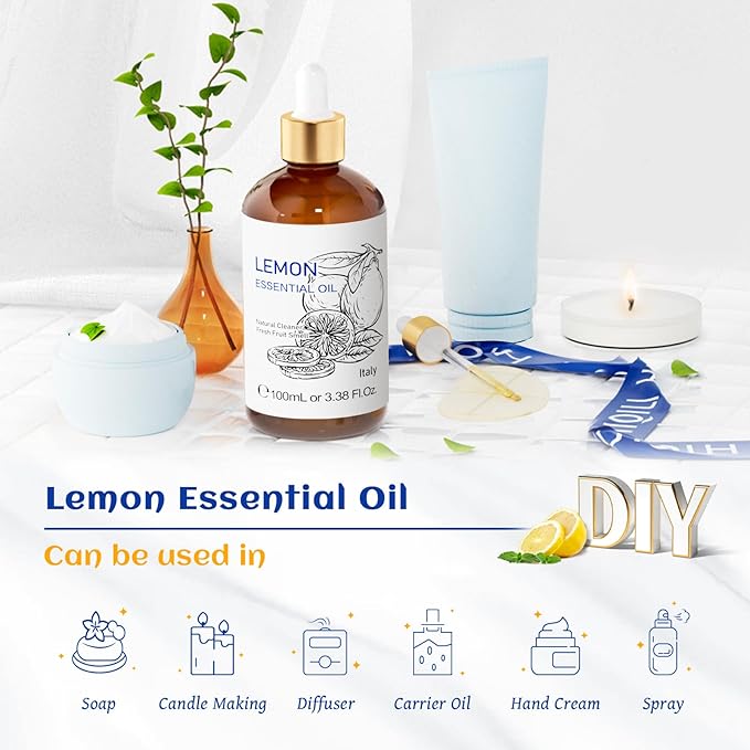 HIQILI Lemon Essential Oil, Household Cleaning, Air Purification, Skin Care, Can be Added to Cleansers, Sprays, Body Lotions Use - 3.38 Fl Oz/100ML-VivaGrace Women