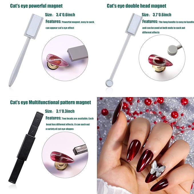 JERCLITY 7 Pieces Cat Eye Magnet for Nails Double-Head Nail Magnetic Stick Multi-Function Magnet Board Square Thickened Cat Eye Strong Magnet Plate Nail Magnet Tool Set for Cat Eye Gel Polish Nail Art