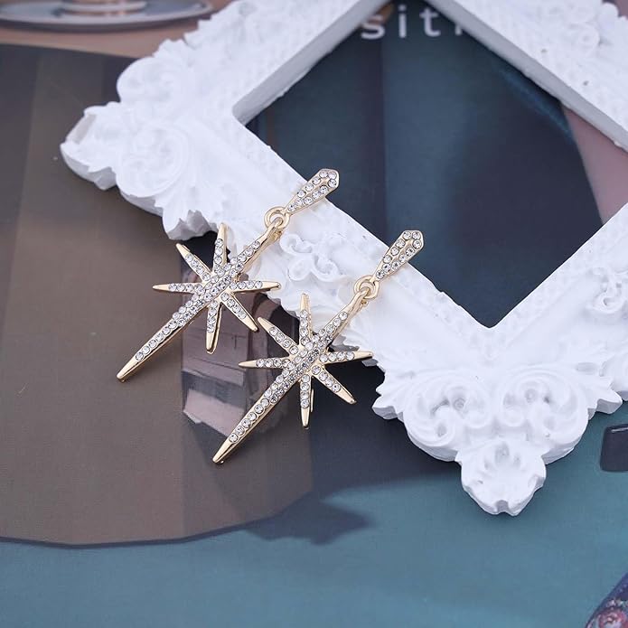 Vintage Crystal Northstar Dangle Earrings Rhinestone Northstar Studs Earrings Gold Cz Star Drop Earrings Sparkly Cz Starburst Earrings Jewelry for Women-VivaGrace Women