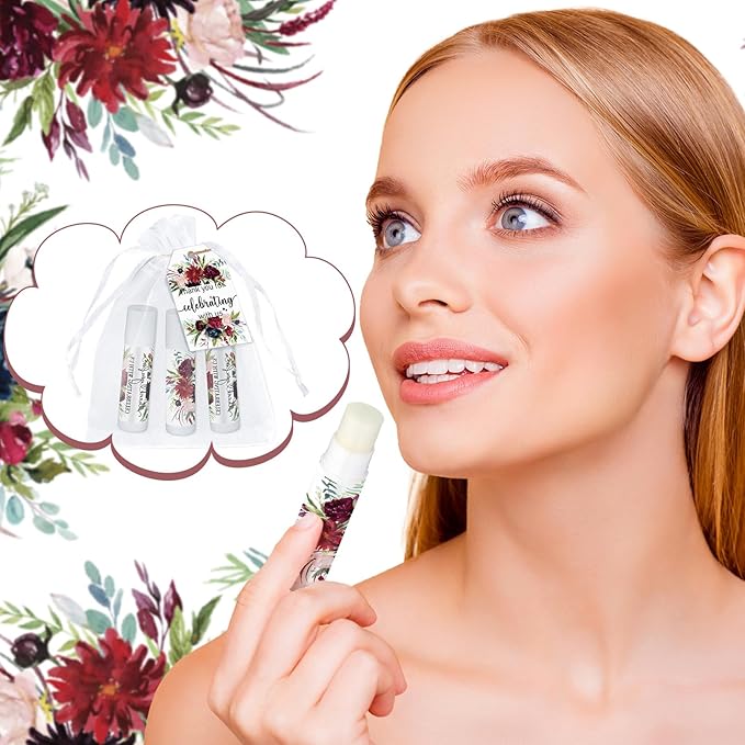 Dunzy 50 Pack Bridal Shower Favors Gifts Bulk Burgundy Floral Lip Balms Party Supplies Wedding Party Favors Bachelorette Prizes Souvenirs Thank You Appreciation Gifts for Guests Women Coworker Staff-VivaGrace Women